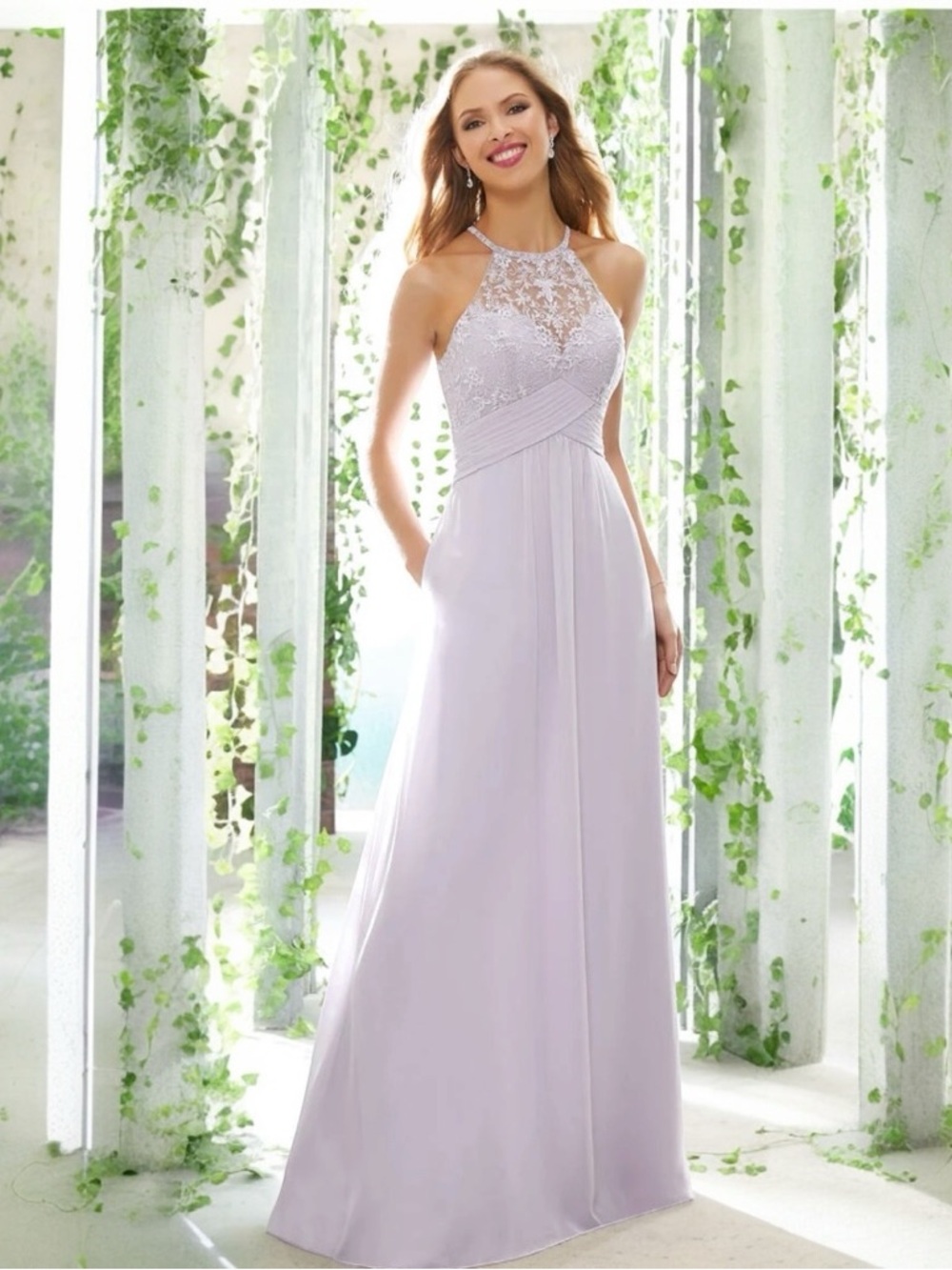 Mori Lee Lavender Lace Halter Maxi Gown